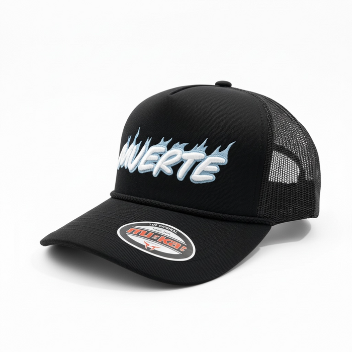 Black MUKA 'Muerte' trucker hat with mesh back and bold front design, casual accessories for streetwear style.