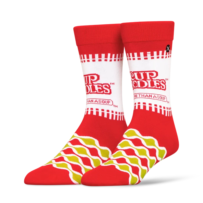 Pair of ODD SOX Cup Noodles socks 2-pack featuring colorful noodle bowl designs on comfortable fabric.