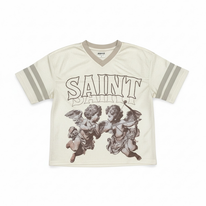 Off-white Papercut Saint cropped jersey T-shirt with printed design, casual fit, and short sleeves, displayed on a plain background.