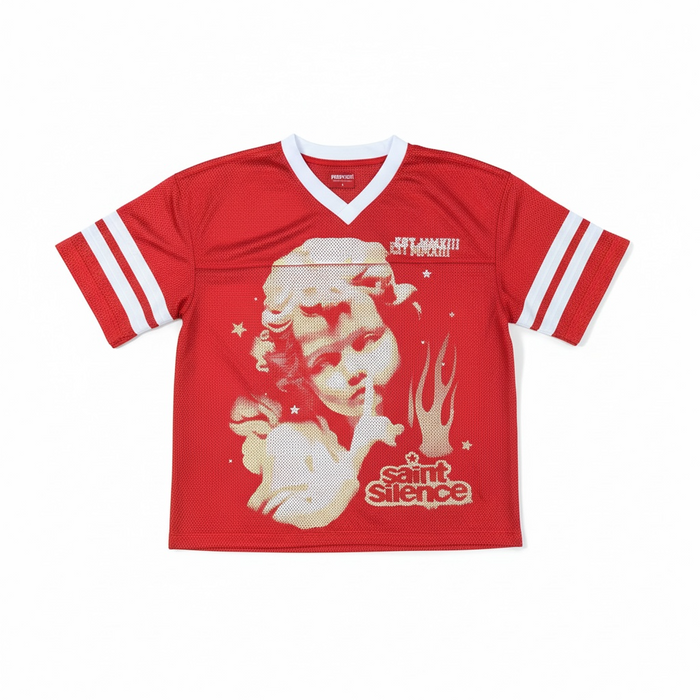 Red Papercut Saint Silence cropped jersey T-shirt with graphic print, casual fit, and short sleeves.