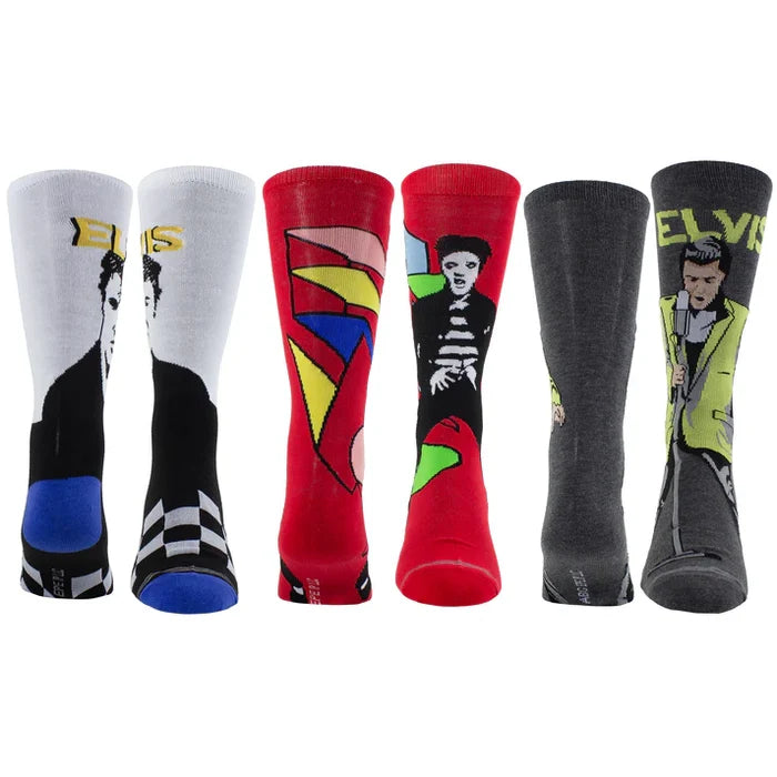 Perri's Elvis guitar-themed sock box with three pairs of colorful socks displayed, perfect for music fans and sock collectors.