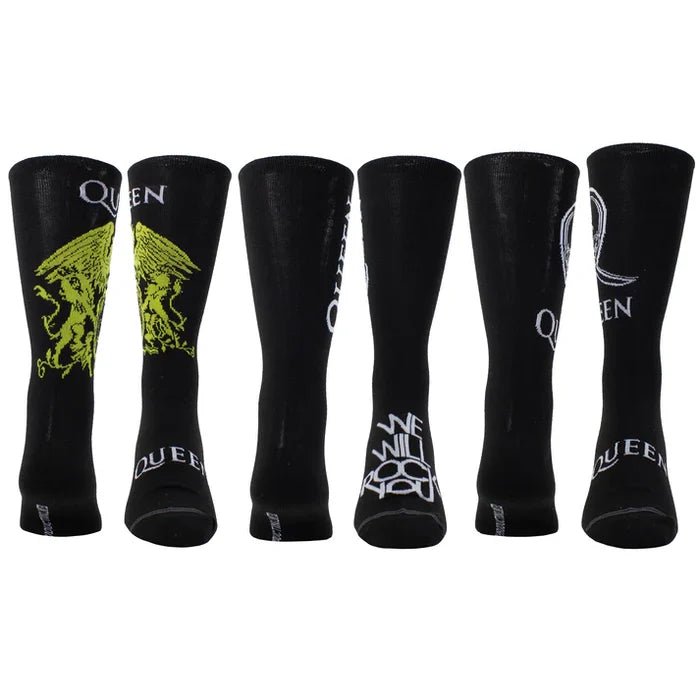 Perri's Queen guitar-themed tin sock box with three pairs of colorful, musical-inspired socks displayed inside.