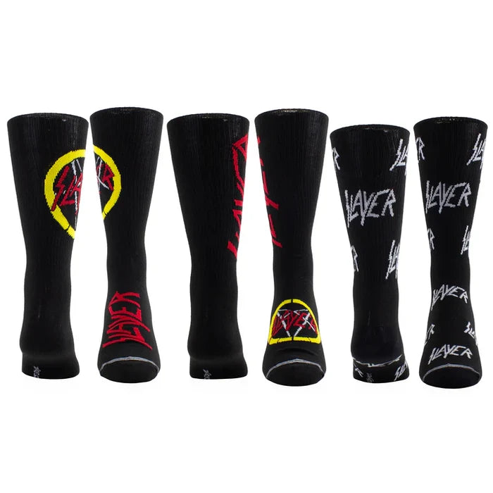 Perri's Slayer guitar socks box with three pairs of black socks featuring Slayer band logo and guitar design.