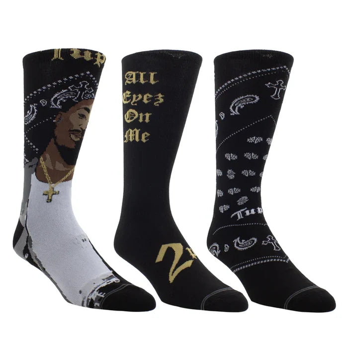 Perri's Tupac gift sock box with three pairs of colorful socks featuring Tupac design on a black background.