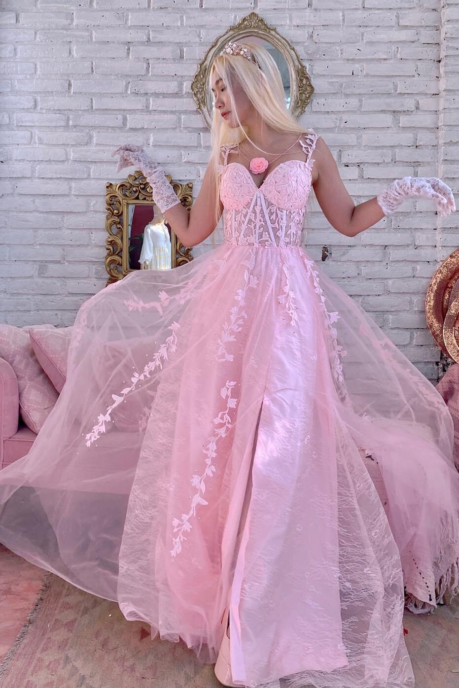 Hot Pink Lace Appliques A-line Long Formal Gown