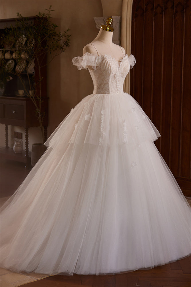 Off the Shoulder Ivory Appliques Tiered Ball Gown