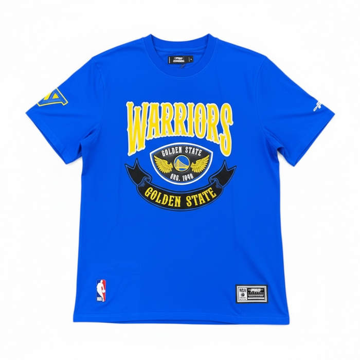 Pro Standard Golden State Warriors royal blue T-shirt with "Born for Sports" slogan and team logo front view.