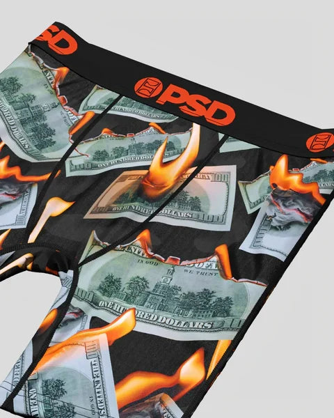 PSD YOUTH Fire Stacks boxer briefs with colorful flame design, made for youth, featuring vibrant multicolor flames on black fabric.