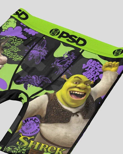 PSD YOUTH Sherk Swamp boxer briefs with colorful swamp-themed design, stretchy fabric, and comfortable fit.