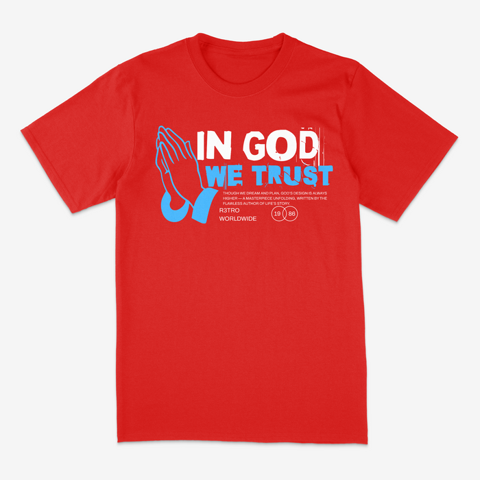 Red R3TRO WORLD "In God We Trust" T-shirt with bold white text on the front, casual fit, and classic crew neckline.