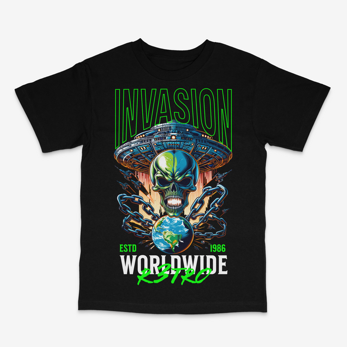 Black R3TRO WORLD 'Invasion' T-shirt featuring bold graphic print, casual fit, and classic crew neckline.