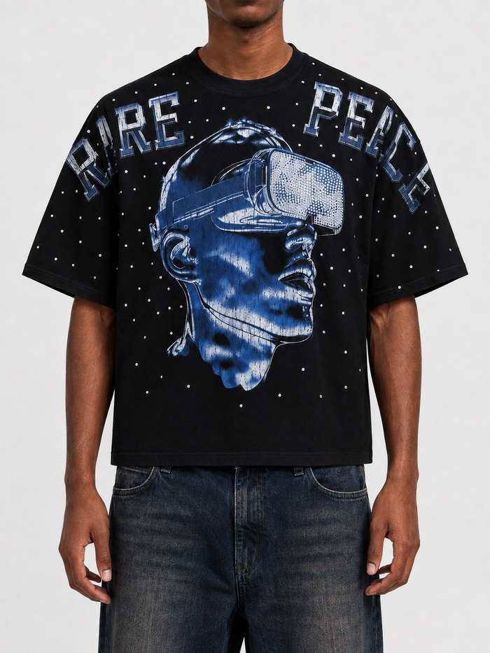 Black RARE PEACE Bad Habits oversized rhinestone cropped T-shirt with front view, showcasing bold graphic design and relaxed fit.