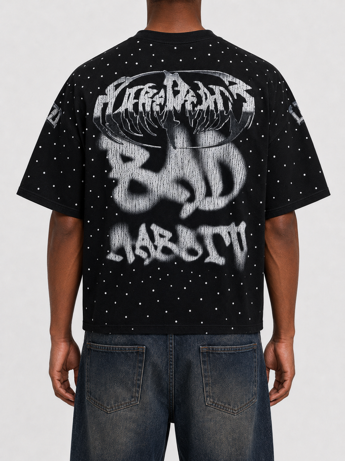 Black Rare Peace Bad Habits oversized rhinestone cropped T-shirt, shown from the back with fitted style and decorative rhinestone details.