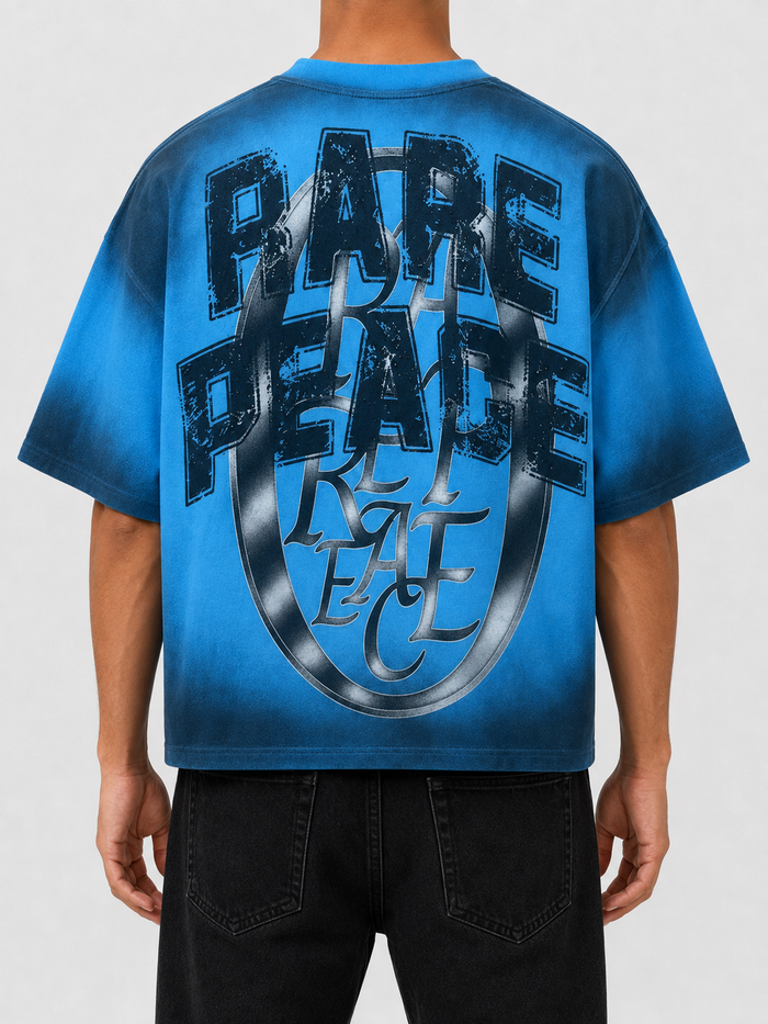 Blue RARE PEACE CHAOS oversized rhinestone cropped T-shirt with bold design and relaxed fit, perfect for casual streetwear style.