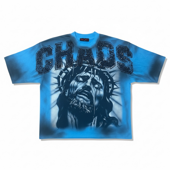 Blue Rare Peace CHAOS oversized rhinestone cropped T-shirt with bold graphic design and sparkling embellishments.