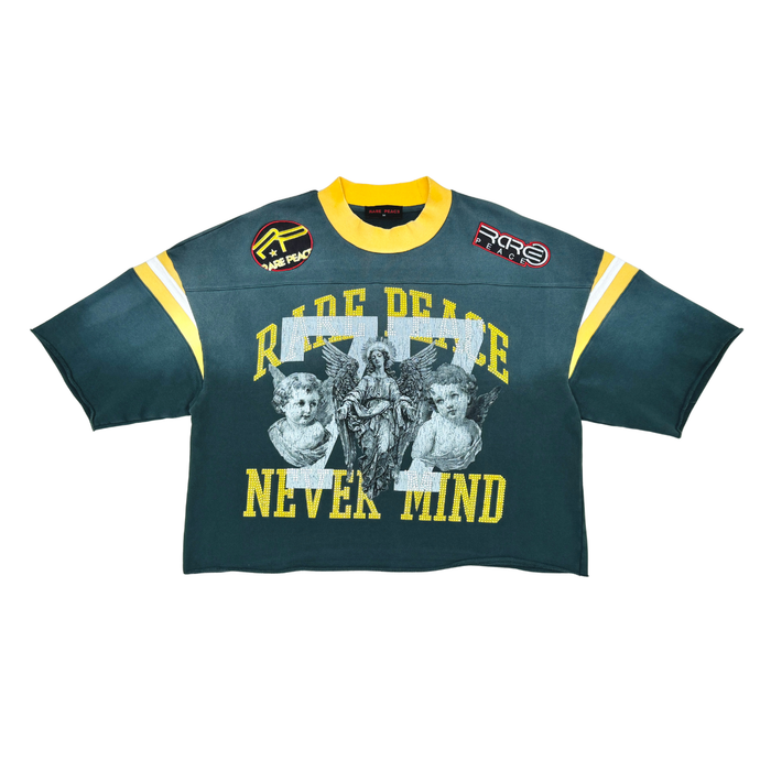 Rare Peace 'Never Mind' oversized rhinestone cropped French terry T-shirt in pine green, featuring bold graphic design.