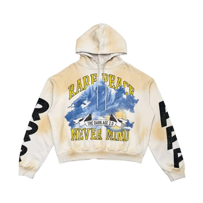 Rare Peace oversized ecru hoodie with rhinestone "Never Mind" graphic and cropped fit, casual streetwear style.