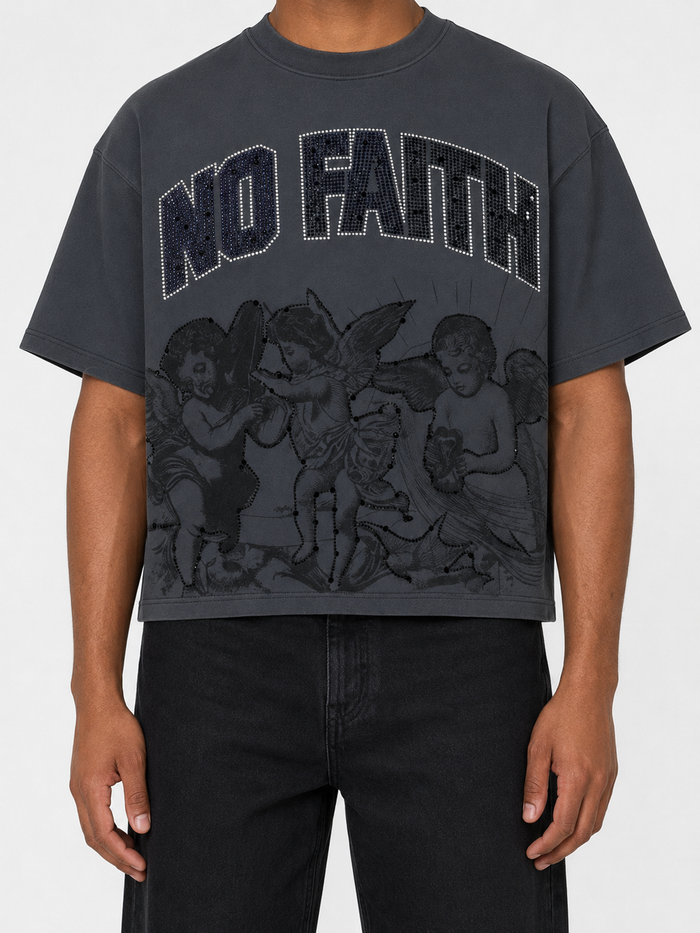 Rare Peace No Faith oversized dark grey rhinestone cropped T-shirt with bold graphic design and relaxed fit.
