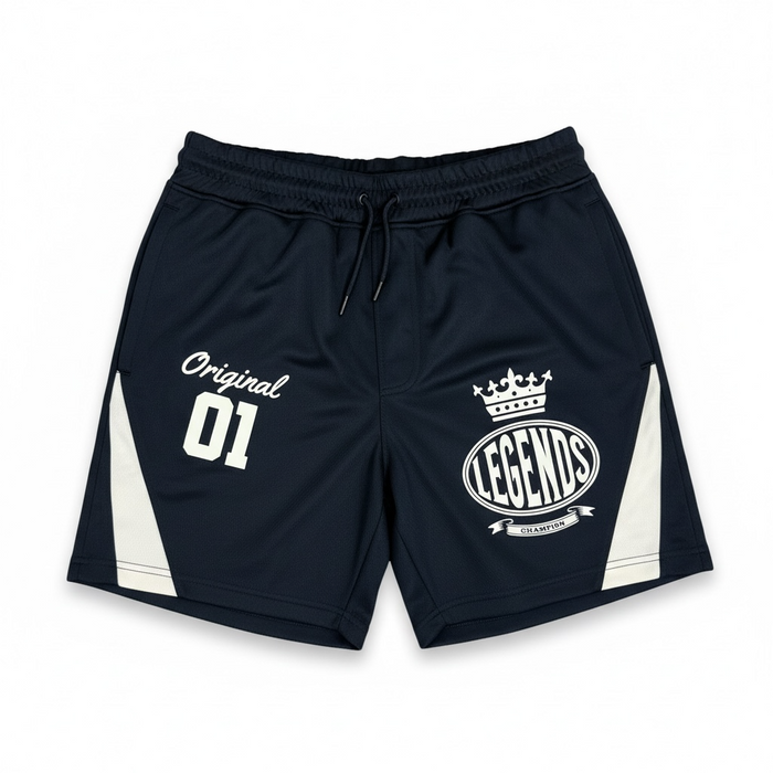 Rebel Minds Crown Legends AirMesh Shorts in black with breathable mesh fabric and elastic waistband, designed for athletic wear.