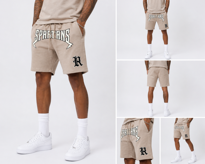 Rebel Minds Spartans Washed shorts in taupe, casual men's shorts with a relaxed fit and washed finish, shown on a model.