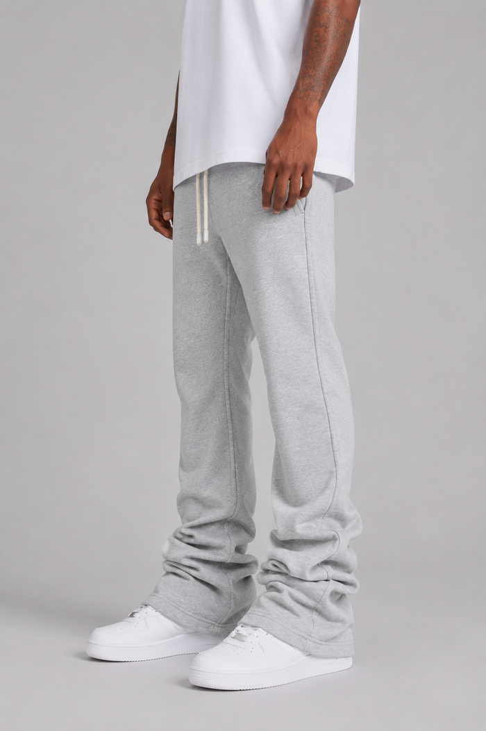 Rebel Minds grey stacked sweat pants with elastic waistband and cuffed ankles, casual athletic wear for men.