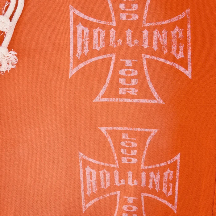 Orange Rolling Loud 'Speed Demon' shorts, casual men's shorts with graphic design, shown on a model.