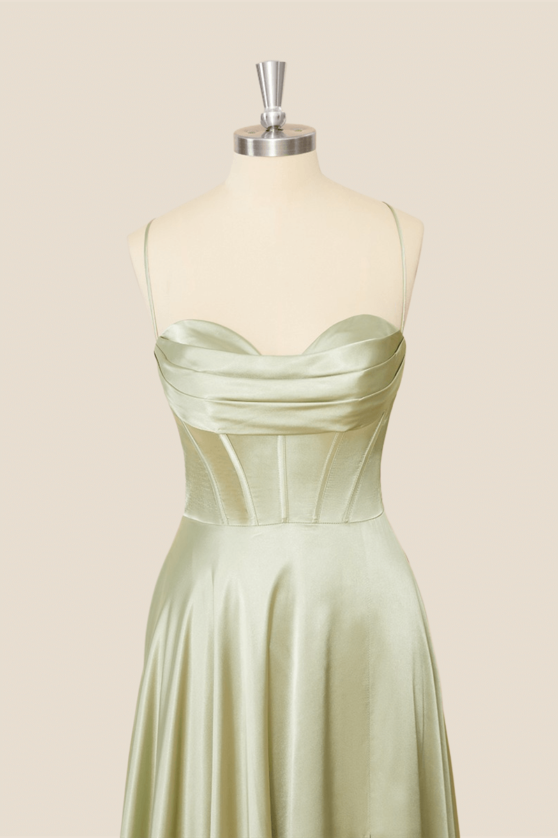 Cowl Neck Sage Green Satin A-line Long Formal Dress
