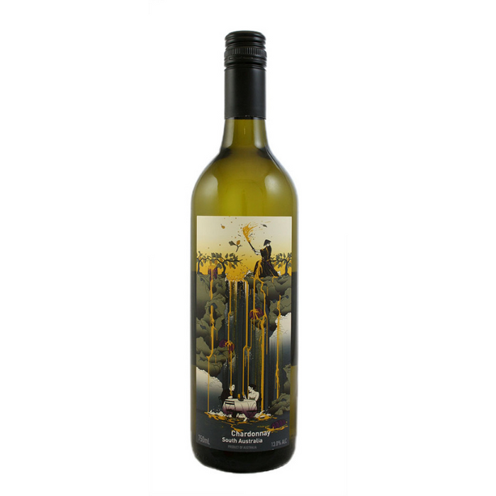 Bottle of Samurai Chardonnay 2023 with a label featuring a samurai and a vineyard.