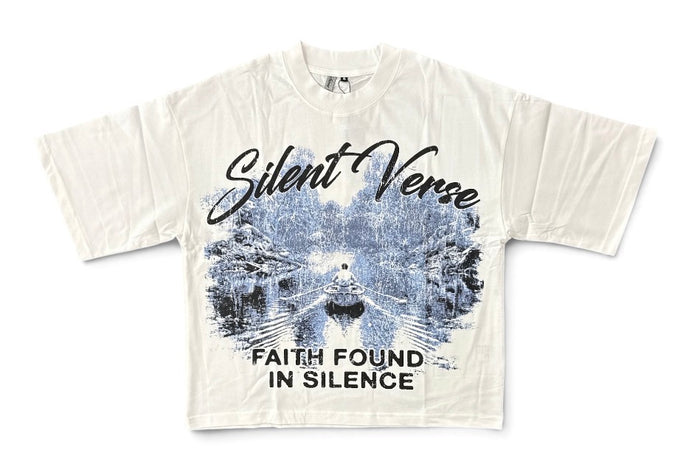 White Silent Verse Faith Found In Silence oversized cropped T-shirt displayed flat with front design visible.