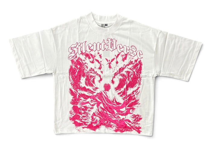 Silent Verse Grace oversized white cropped T-shirt with pink accents, casual fit, soft fabric, and stylish streetwear design.