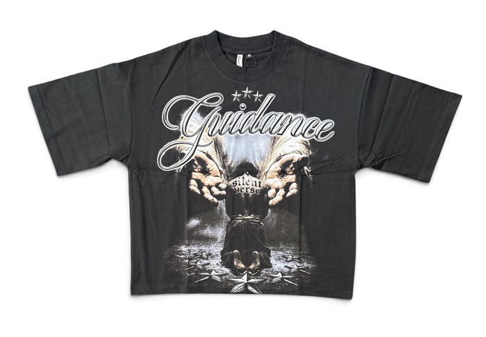 Black Silent Verse Guidance oversized cropped T-shirt with bold front graphic, casual streetwear style.