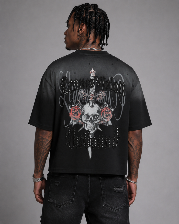 Black Smoke Rise Legacy Vision wide crop T-shirt with short sleeves and casual fit, featuring a relaxed, stylish design.
