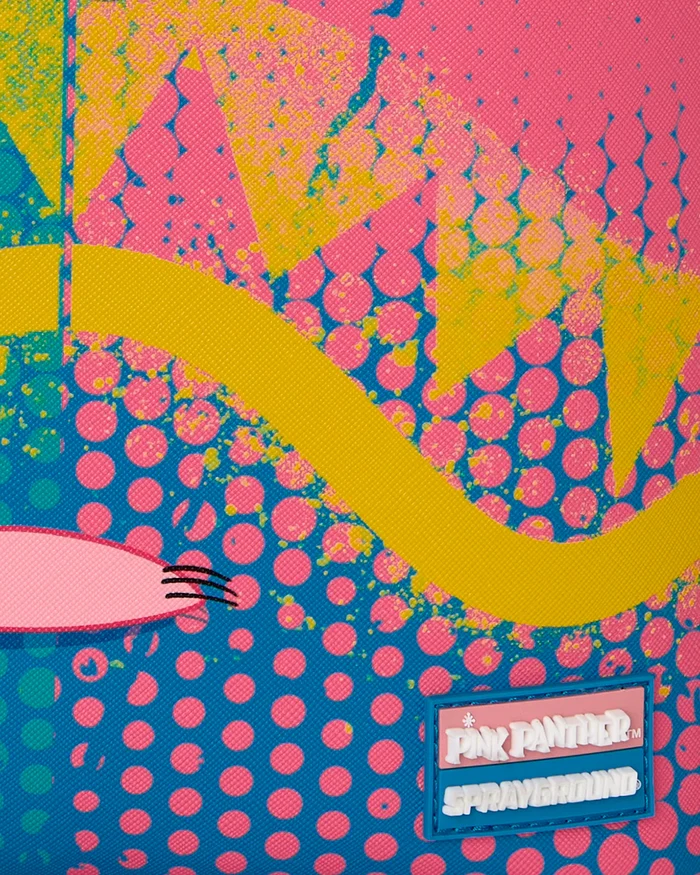 Sprayground Pink Panther Art Heist backpack with vibrant pink and black design, featuring cartoon Pink Panther character and artistic details