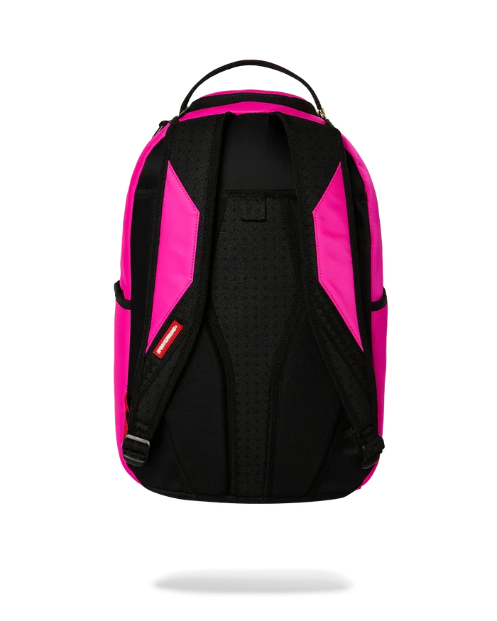Sprayground Shark Central 2 Pink Code backpack with shark graphic, vibrant pink accents, and adjustable shoulder straps.