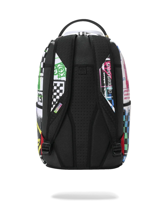 Sprayground Stencil Pencil Continental backpack with colorful graphic design, featuring multiple compartments and adjustable straps.