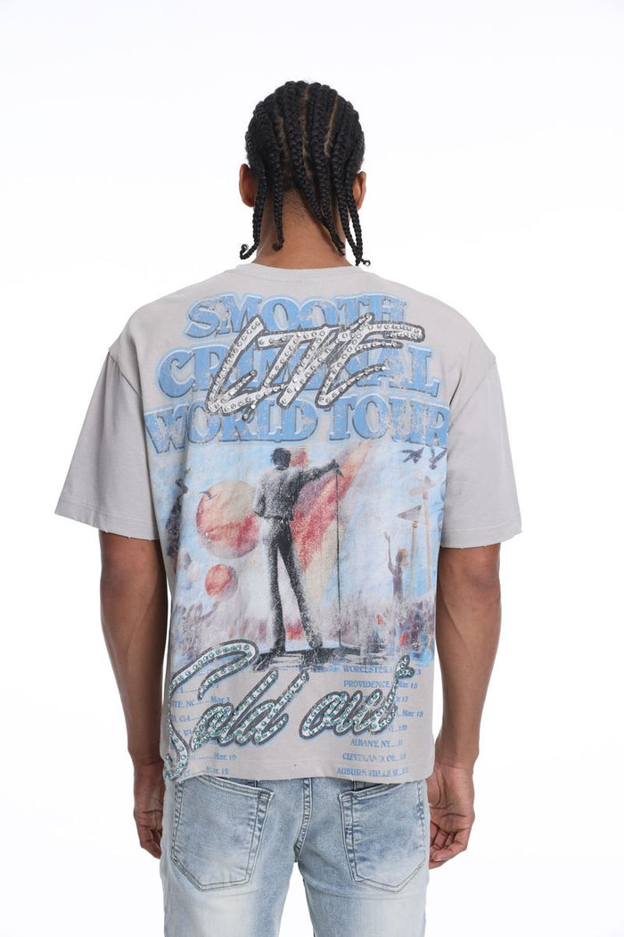 Grey Syndicate 'LND' cropped T-shirt displayed on a hanger, showcasing its casual style and modern fit.