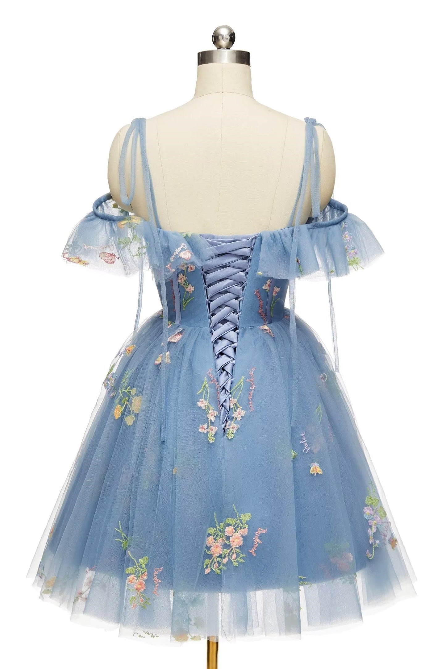 Blue Floral Ruffle A-line Homecoming Dress
