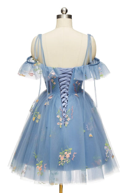 Blue Floral Ruffle A-line Homecoming Dress