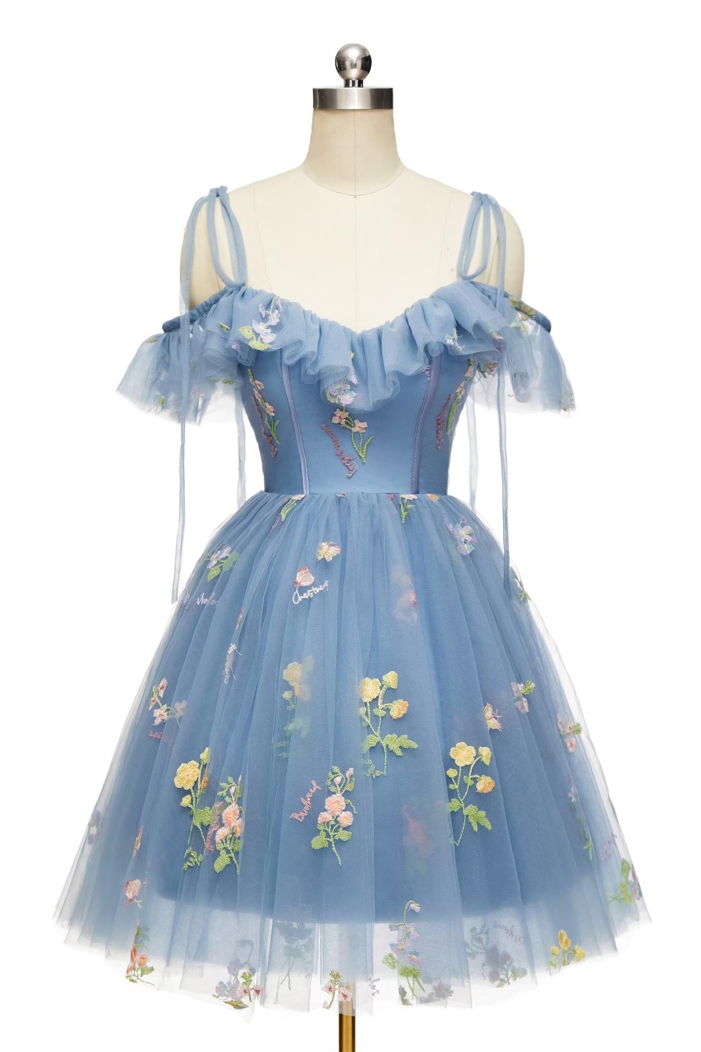 Blue Floral Ruffle A-line Homecoming Dress
