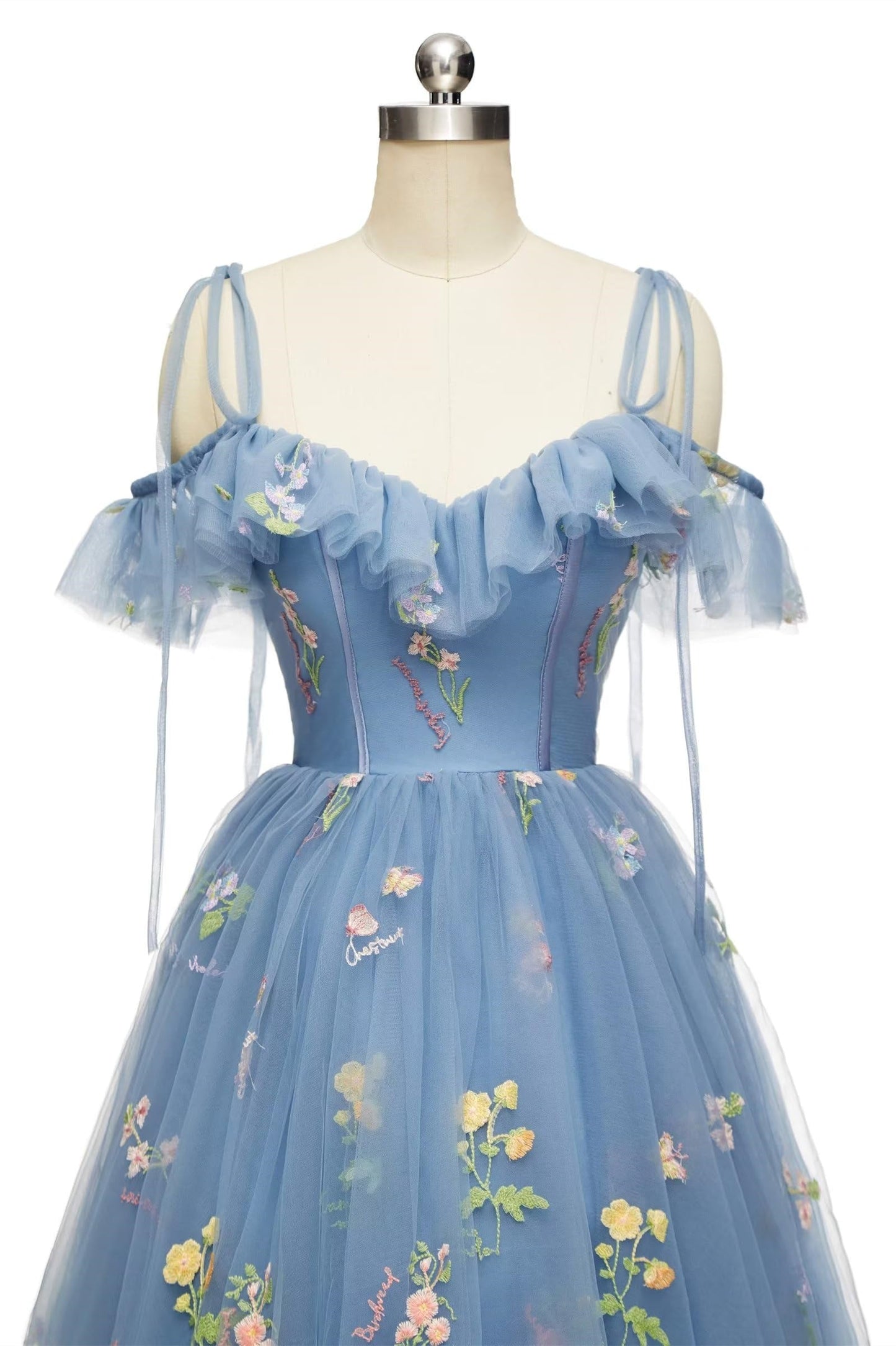 Blue Floral Ruffle A-line Homecoming Dress