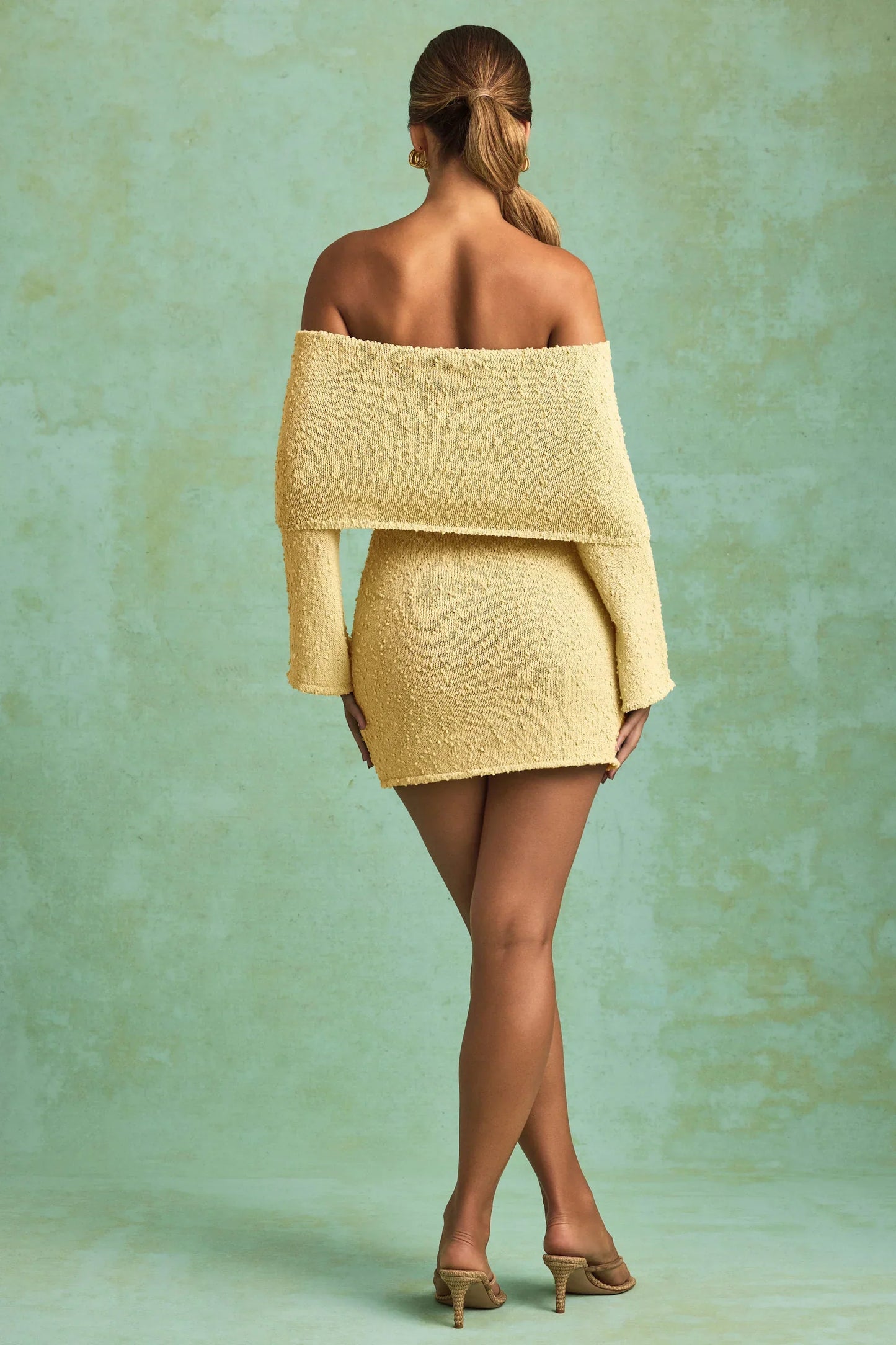 Bouclé Off-Shoulder Mini Dress in Yellow