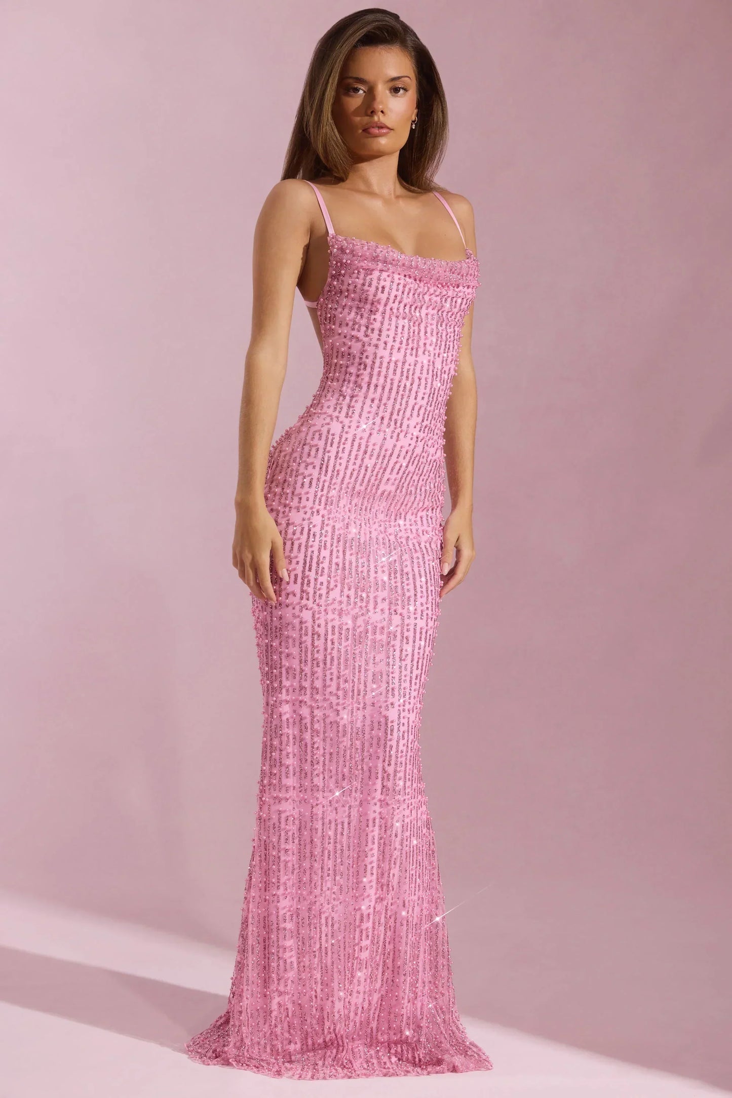 Embellished Cowl-Neck Backless Maxi Dress in Pink