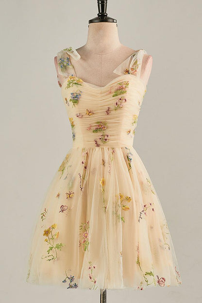 Blue Floral A-line Short Party Dess