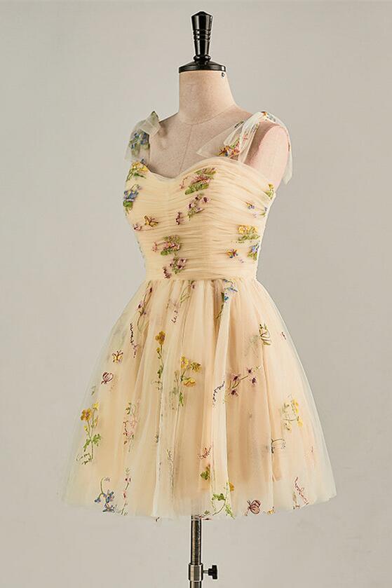 Blue Floral A-line Short Party Dess