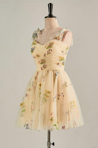 Blue Floral A-line Short Party Dess