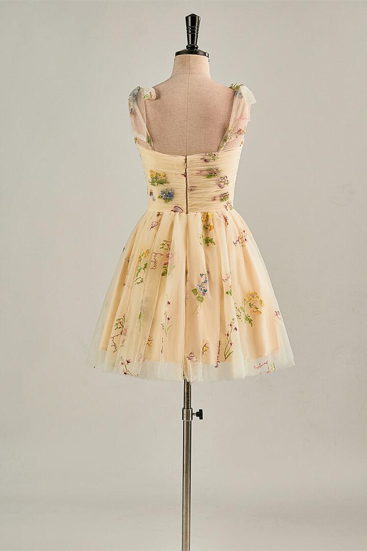 Blue Floral A-line Short Party Dess