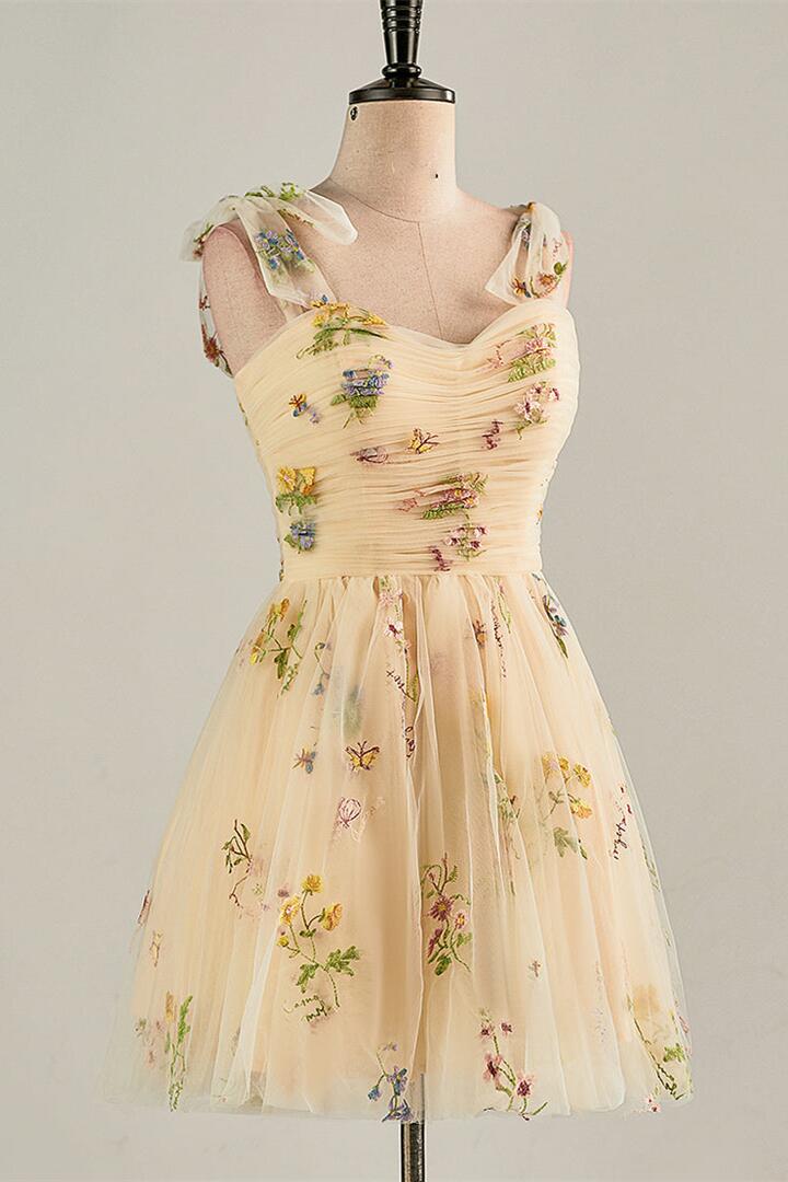 Blue Floral A-line Short Party Dess