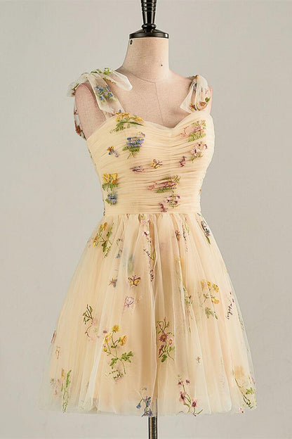 Blue Floral A-line Short Party Dess