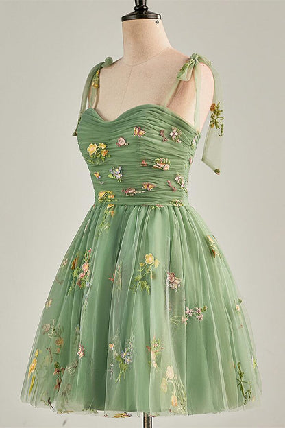Blue Floral A-line Short Party Dess