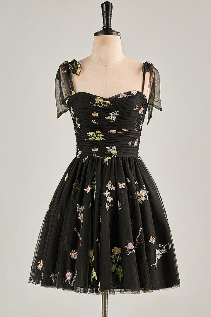 Blue Floral A-line Short Party Dess
